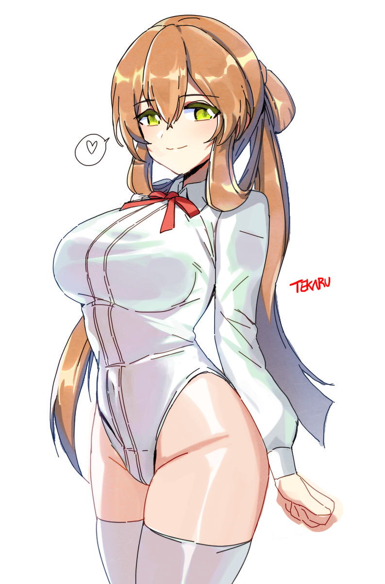 alternate_costume arms_at_sides artist_name bangs breasts brown_hair collared_leotard colored_eyelashes commentary_request covered_navel cowboy_shot eyebrows_visible_through_hair girls_frontline green_eyes groin hair_between_eyes hair_rings heart highleg highleg_leotard highres large_breasts leotard long_hair long_sleeves m1903_springfield_(girls_frontline) neck_ribbon red_neckwear red_ribbon ribbon shiny shiny_hair simple_background sketch solo speech_bubble spoken_heart tekaru thighhighs very_long_hair white_background white_legwear white_leotard