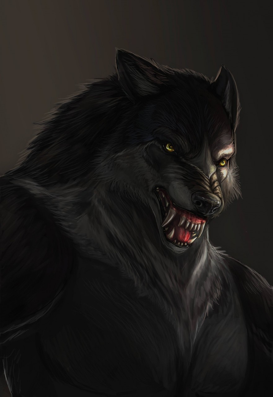 2018 angry anthro black_fur black_nose bust_portrait canine digital_media_(artwork) fangs fjordy front_view fur grey_background grey_fur hi_res juden male mammal multicolored_fur open_mouth pink_tongue portrait simple_background snarling solo teeth tongue two_tone_fur were werewolf yellow_eyes