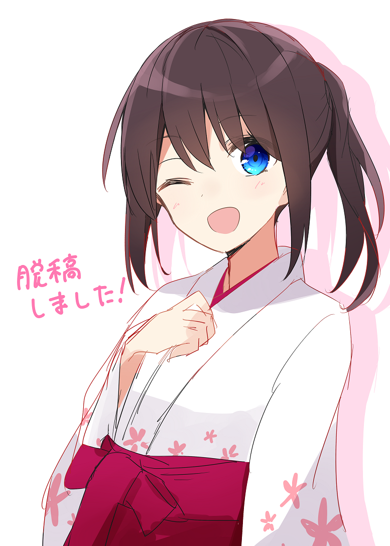 ;d aa_(sin2324) bangs blue_eyes blush brown_hair commentary_request eyebrows_visible_through_hair hair_between_eyes hakama hakama-chan_(aa) head_tilt japanese_clothes kimono long_hair long_sleeves one_eye_closed open_mouth original ponytail purple_hakama shadow sidelocks sketch smile solo translation_request upper_body white_background white_kimono wide_sleeves