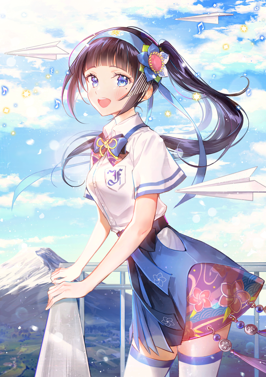 :d aoi_ch. bangs black_hair blue_eyes blue_neckwear blue_ribbon blunt_bangs blush bow bowtie breast_pocket cloud cloudy_sky collared_shirt commentary_request day floral_print flower fuji_aoi gomzi hair_flower hair_ornament hair_ribbon highres hip_vent holding_railing long_hair looking_at_viewer mole mole_under_eye mountain musical_note open_mouth outdoors paper_airplane pocket railing ribbon round_teeth shirt short_sleeves sidelocks skirt sky smile solo teeth thighhighs upper_teeth white_shirt