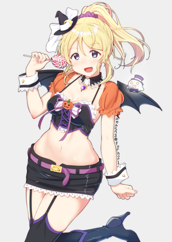 :d arm_at_side arm_up ayase_eli bangs bat_wings belt black_bra black_footwear black_hat black_skirt black_wings blue_eyes blush boots bra breasts candy cleavage commentary_request crescent detached_collar detached_sleeves eyebrows_visible_through_hair food garter_straps gem ghost grey_background hair_ornament hair_ribbon hair_scrunchie halloween hat heart high_heel_boots high_heels holding lollipop long_hair looking_at_viewer love_live! love_live!_school_idol_project midriff mini_hat mini_witch_hat miniskirt nail nail_polish navel open_mouth parted_bangs pink_nails ponytail puffy_short_sleeves puffy_sleeves ribbon scrunchie short_sleeves sidelocks simple_background skirt skull573 small_breasts smile solo standing standing_on_one_leg stomach thigh_boots thighhighs twitter_username underwear white_ribbon wings witch_hat wrist_cuffs zettai_ryouiki