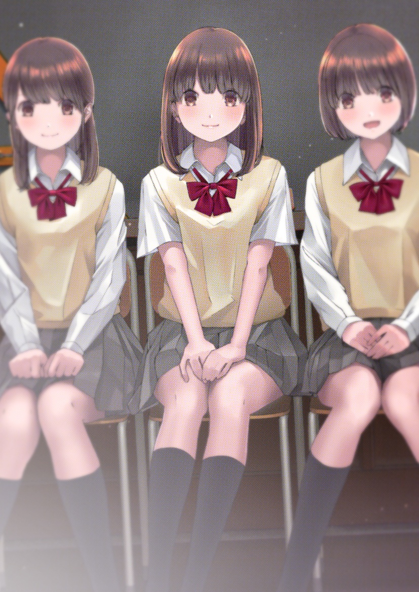 :d black_legwear blurry blurry_background blush bow brown_eyes brown_hair chair chikuwa_(odennabe) closed_mouth collared_shirt commentary_request depth_of_field feet_out_of_frame grey_skirt hands_on_lap kneehighs long_hair multiple_girls on_chair open_mouth original pleated_skirt red_bow school_uniform shirt short_hair short_sleeves sitting skirt smile sweater_vest white_shirt