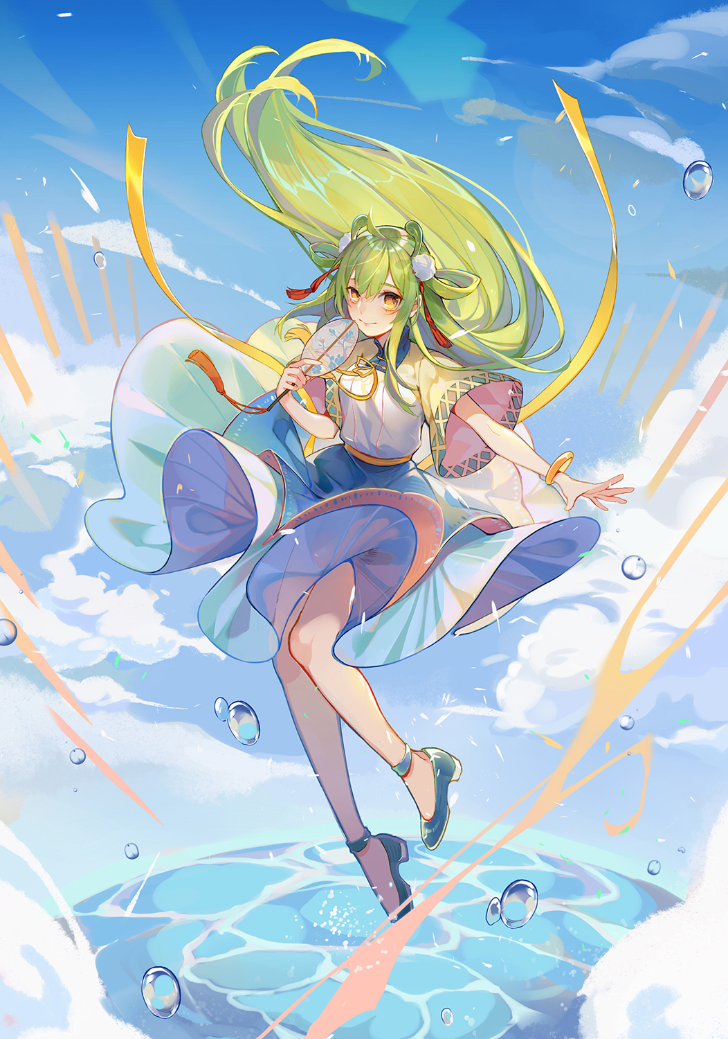 blue_skirt blue_sky breasts day droplet fan full_body hair_ornament hair_rings highres long_hair original outdoors paper_fan red_ribbon ribbon shoes skirt sky small_breasts smile turkey_(weave7769) very_long_hair water yellow_eyes yellow_ribbon