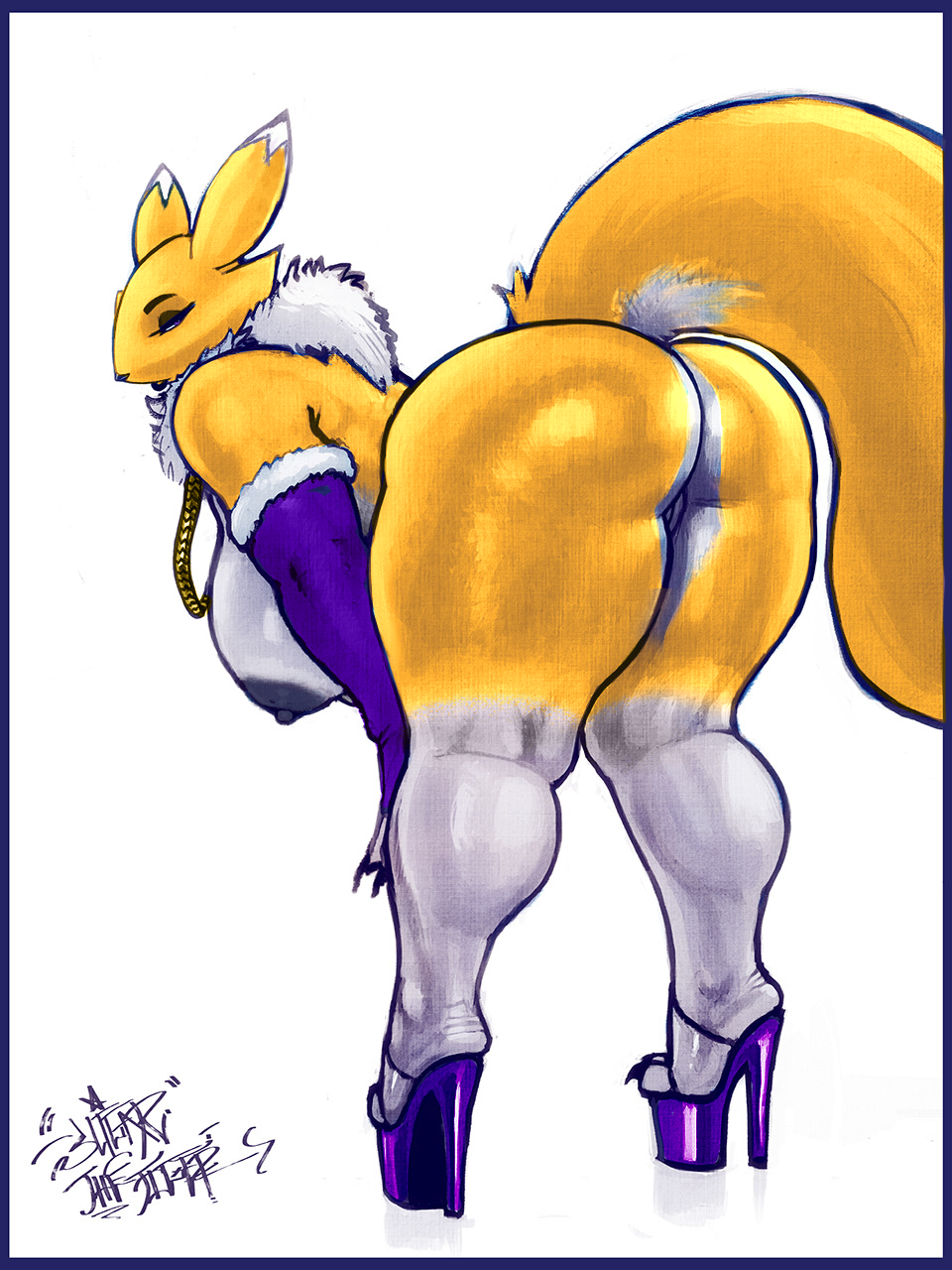 2018 anthro armwear bedroom_eyes bent_over big_breasts big_butt breasts butt canine clothing digimon digital_media_(artwork) edit elbow_gloves eyelashes female footwear gloves gold_chain half-closed_eyes high_heels huge_butt jewelry looking_at_viewer looking_back mammal neck_tuft necklace platform_footwear platform_heels presenting presenting_hindquarters pussy renamon seductive shoes simple_background sligarthetiger solo thick_thighs tuft white_background