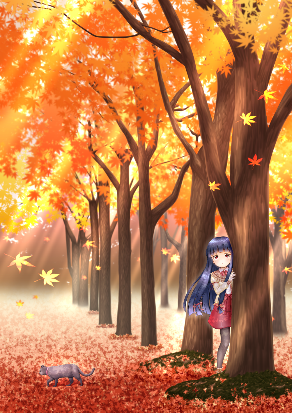 :o animal ankle_cuffs autumn autumn_leaves bangs behind_tree beige_jacket blue_hair blunt_bangs blush brown_legwear cat commentary_request day eyebrows_visible_through_hair frilled_jacket hair_ribbon hand_up highres idolmaster idolmaster_cinderella_girls leaf leaning_to_the_side light_rays long_hair long_sleeves looking_at_viewer maple_leaf nature outdoors parted_lips peeking_out red_eyes red_ribbon red_skirt regular_mow ribbon sajou_yukimi shirt skirt solo standing sunbeam sunlight tareme tree very_long_hair white_shirt