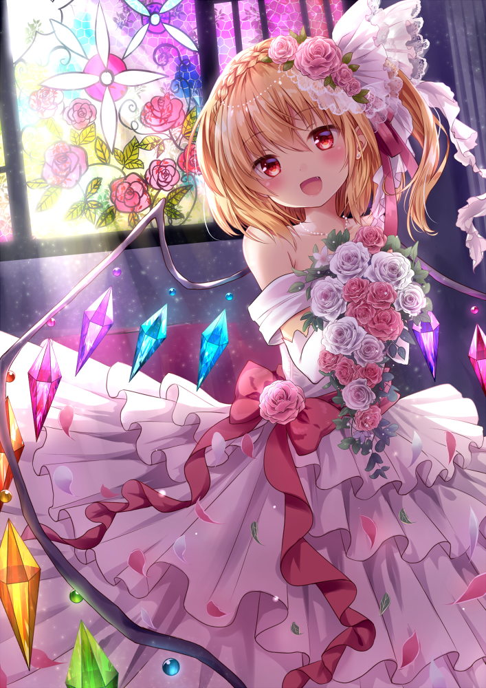 :d alternate_costume alternate_hairstyle bangs bare_shoulders blonde_hair blush bouquet bow braid bride cowboy_shot crown_braid crystal dress earrings elbow_gloves eyebrows_visible_through_hair fang flandre_scarlet flower gloves gown hair_between_eyes hair_flower hair_ornament head_tilt holding holding_bouquet indoors jewelry kure~pu light_rays looking_at_viewer necklace off-shoulder_dress off_shoulder one_side_up open_mouth pearl_necklace petals pink_dress pink_flower pink_rose red_bow red_eyes rose short_hair smile solo stained_glass stud_earrings touhou veil wedding_dress white_flower white_gloves white_rose wings