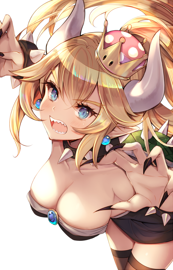 aoi_(kirabosi105) black_nails blonde_hair blue_earrings blue_eyes bowsette bracelet breasts cleavage collar commentary_request crown earrings eyebrows eyebrows_visible_through_hair fingernails hair_between_eyes horns jewelry large_breasts long_fingernails long_hair looking_at_viewer mario_(series) nail_polish new_super_mario_bros._u_deluxe open_mouth ponytail sharp_teeth simple_background solo spiked_bracelet spiked_collar spikes super_crown teeth white_background