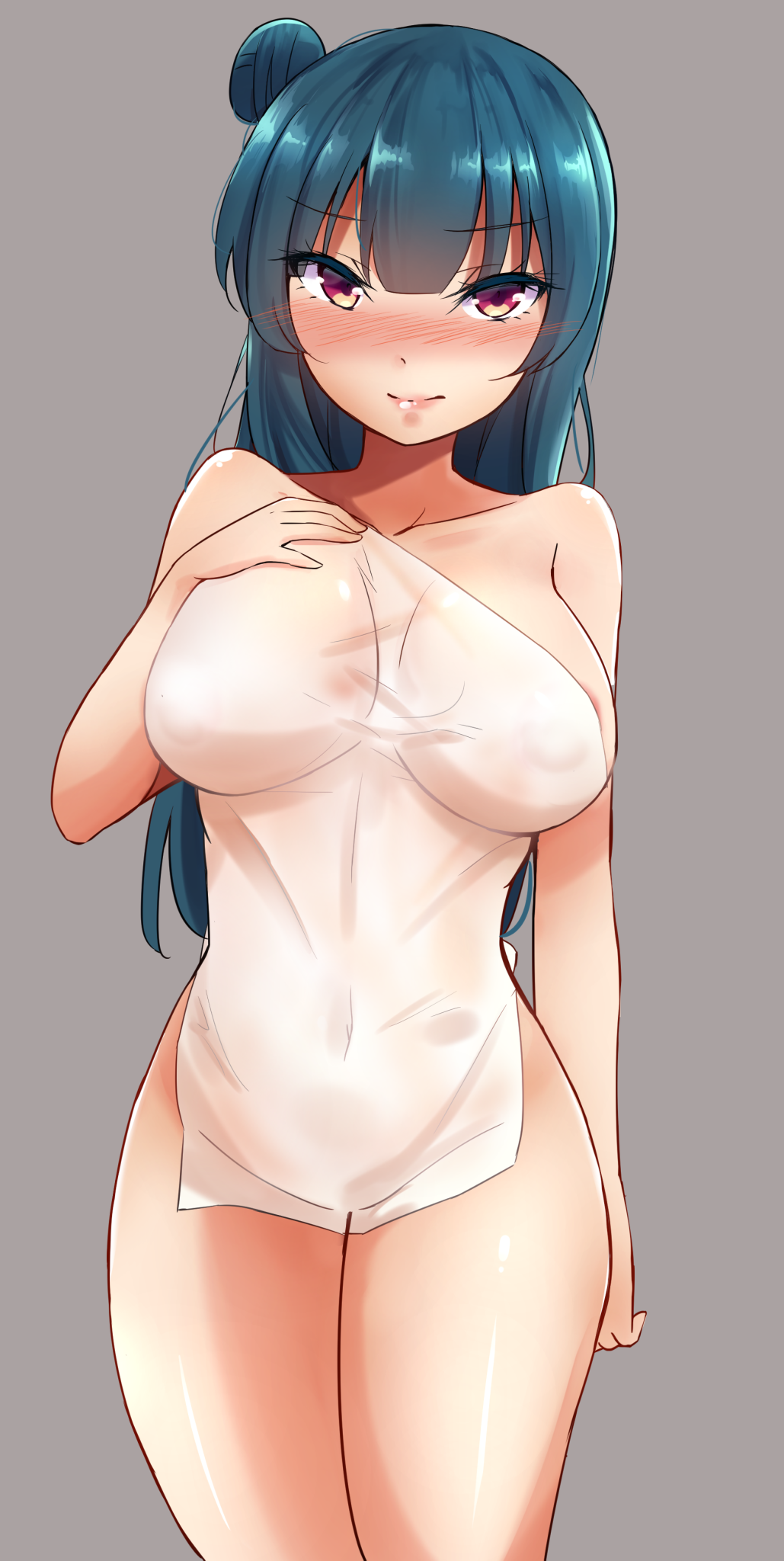 10s 1girl areola_slip areolae bare_shoulders blue_hair blush breasts covered_navel eyebrows_visible_through_hair grey_background hair_bun hand_on_own_chest large_breasts long_hair looking_at_viewer love_live! love_live!_sunshine!! mistynight naked_towel purple_eyes simple_background solo standing towel tsushima_yoshiko