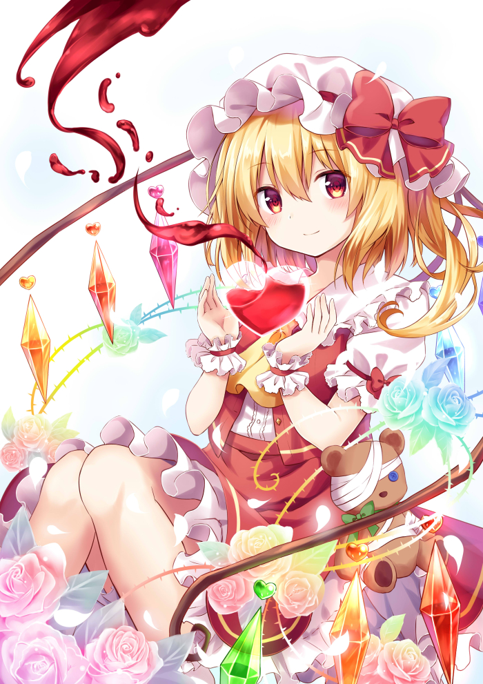 ascot bandages blonde_hair blood blush bow closed_mouth crystal eyebrows_visible_through_hair flandre_scarlet floral_background flower frilled_shirt_collar frilled_sleeves frills gradient hair_between_eyes hat hat_bow heart holding knees_together_feet_apart knees_up kure~pu liquid looking_at_viewer mob_cap one_side_up petals petticoat puffy_short_sleeves puffy_sleeves red_bow red_eyes red_skirt red_vest rose shirt short_hair short_sleeves simple_background sitting skirt skirt_set smile solo stuffed_animal stuffed_toy teddy_bear thorns touhou vest white_shirt wings wrist_cuffs yellow_neckwear