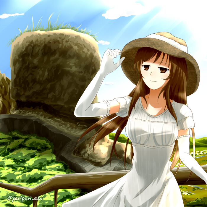 adjusting_clothes adjusting_hat bangs blue_sky breasts brown_eyes brown_hair brown_hat closed_mouth cloud cloudy_sky commentary_request day dress elbow_gloves gloves half-closed_eyes hand_up hat helena_havel horizon landscape large_breasts light_smile long_hair looking_afar nature outdoors paripari_ebi railing short_sleeves sky solo standing sun_hat sundress twitter_username ukagaka white_gloves wind wind_lift