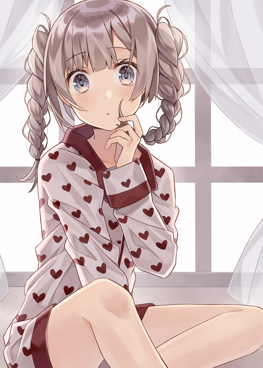 :&lt; bangs bare_legs between_legs blue_eyes blush braid brown_eyes closed_mouth commentary_request curtains eyebrows_visible_through_hair feet_out_of_frame hair_tie hand_between_legs hand_up heart heart_print highres indoors long_hair long_sleeves minasenagi multicolored multicolored_eyes original pajamas playing_with_own_hair print_pajamas sitting sleeve_cuffs solo twin_braids window