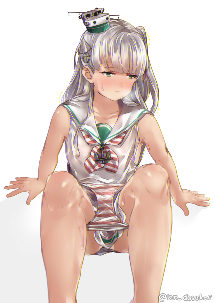 anchor_hair_ornament arm_support bangs bare_arms bare_shoulders blush body_blush breath commentary_request hair_ornament half-closed_eyes juurouta kantai_collection knees knees_up long_hair looking_away maestrale_(kantai_collection) nose_blush one_side_up panties panty_pull sailor_collar silver_hair single_horizontal_stripe sitting sleeveless solo striped striped_panties underwear white_sailor_collar