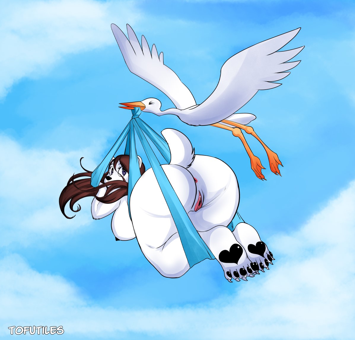 2018 5_toes ambiguous_gender anthro anus avian barefoot beak bear big_butt biped bird black_hair black_nipples black_nose black_pawpads blue_eyes blue_sky breasts butt claws cloud cloudscape day digital_media_(artwork) duo eyes_closed feathered_wings feathers female feral flying fur hair long_hair mammal nipples nude orange_beak outside pawpads pink_anus pink_pussy polar_bear pussy sky stork stork_delivery toe_claws toes tofutiles white_claws white_feathers white_fur white_tail white_wings wings