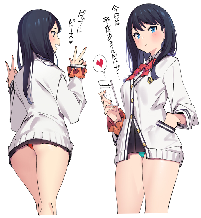 ass bangs black_hair black_skirt blue_eyes blush buttons cardigan cellphone closed_mouth commentary_request double_v hand_in_pocket heart hips holding holding_cellphone holding_phone jacket legs long_hair long_sleeves looking_at_viewer microskirt panties phone pleated_skirt pop_kyun school_uniform scrunchie shirt skirt smartphone solo ssss.gridman standing sweater swept_bangs takarada_rikka thighs translated underwear v white_sweater wrist_scrunchie