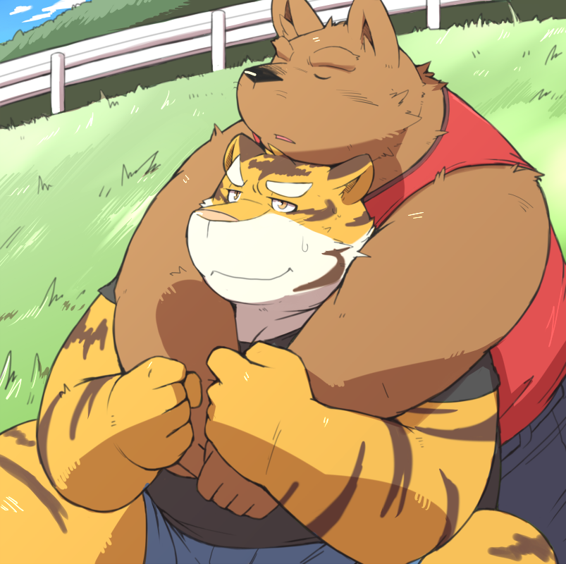 anthro ayame42612 black_nose brown_fur canine clothing duo eyes_closed feline fur hug hugging_from_behind humanoid_hands male mammal overweight overweight_male pink_nose shirt tiger