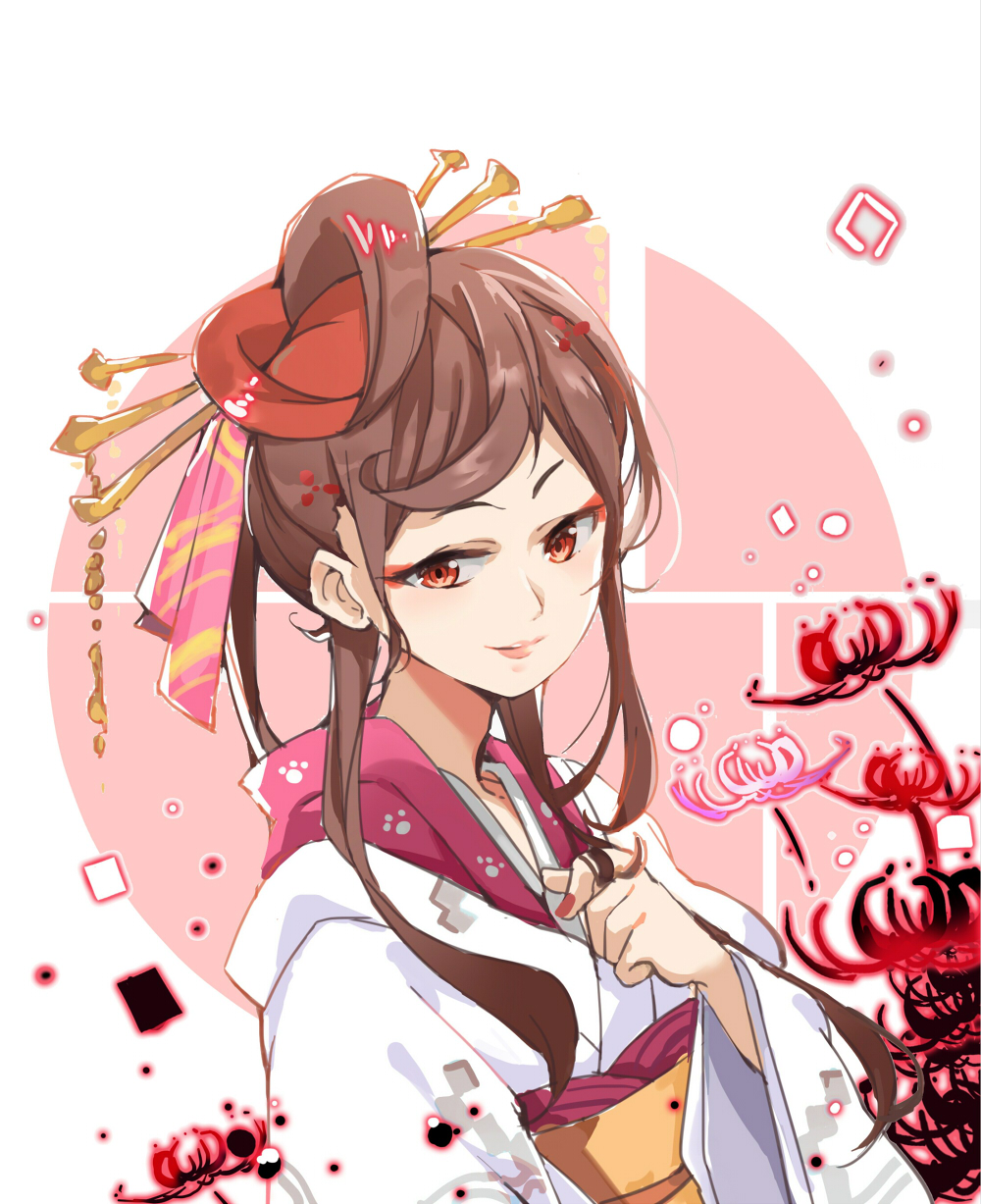 bad_id bad_pixiv_id bangs brown_background brown_hair closed_mouth commentary fingernails flower hair_ornament hair_tousle highres japanese_clothes kimono layered_clothing layered_kimono long_hair long_sleeves mitu_yang nail_polish obi paw_print print_kimono red_eyes red_flower red_kimono red_nails sash sidelocks smile solo spider_lily symbol_commentary two-tone_background upper_body white_background white_kimono wide_sleeves yuugiri_(zombie_land_saga) zombie_land_saga