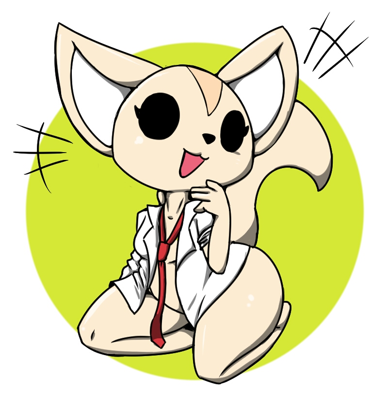 2018 aggressive_retsuko anthro bottomless breasts canine clothed clothing digital_media_(artwork) female fennec fenneko fox fur kneeling mammal necktie open_mouth open_shirt sanrio simple_background smile solo tan_fur thick_thighs voon