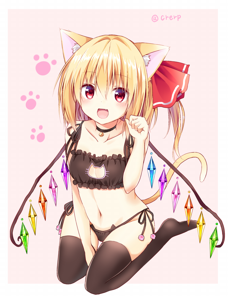 :d alternate_costume animal_ears bare_arms bare_shoulders bell bell_choker between_legs black_bra black_legwear black_panties blonde_hair blush bra breasts cat_cutout cat_ear_panties cat_ears cat_lingerie cat_paws cat_tail choker cleavage_cutout collarbone crystal fang flandre_scarlet frilled_bra frills full_body hair_ribbon hand_between_legs jingle_bell kemonomimi_mode kure~pu looking_at_viewer meme_attire navel no_hat no_headwear open_mouth panties paw_pose paws red_eyes red_ribbon ribbon side-tie_panties side_ponytail small_breasts smile solo stomach tail thigh_gap thighhighs touhou twitter_username underwear underwear_only wings