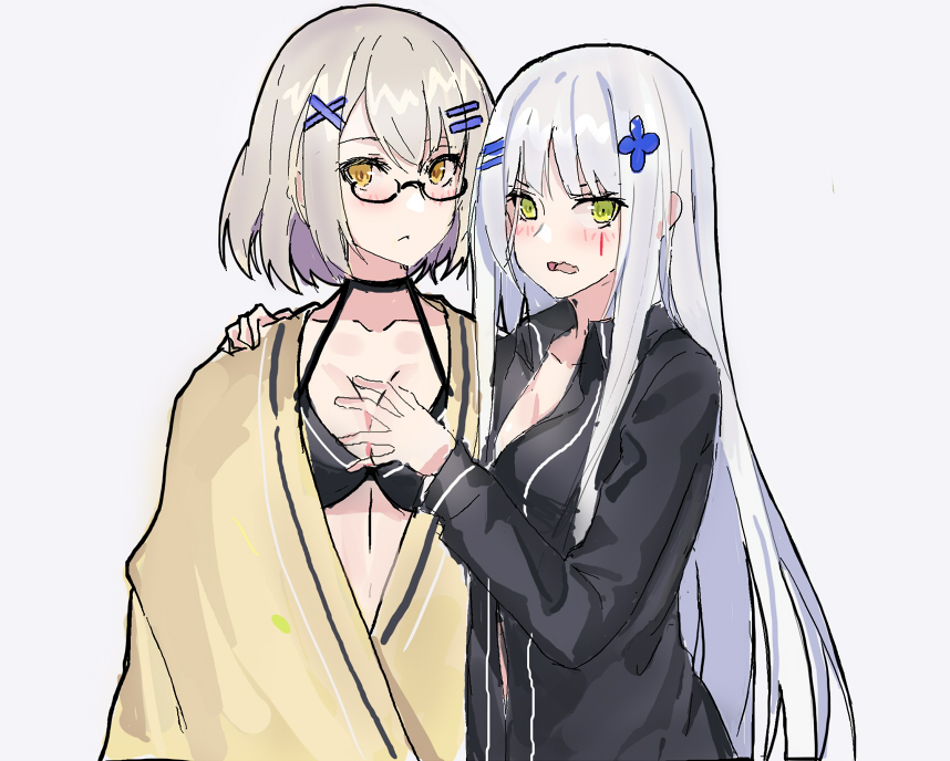 black_shirt blush bra breasts cleavage commentary covering covering_breasts echj girls_frontline glasses green_eyes grey_hair hk416_(girls_frontline) long_hair multiple_girls open_clothes open_shirt shirt short_hair surprised towel underwear vector_(girls_frontline) white_hair yellow_eyes