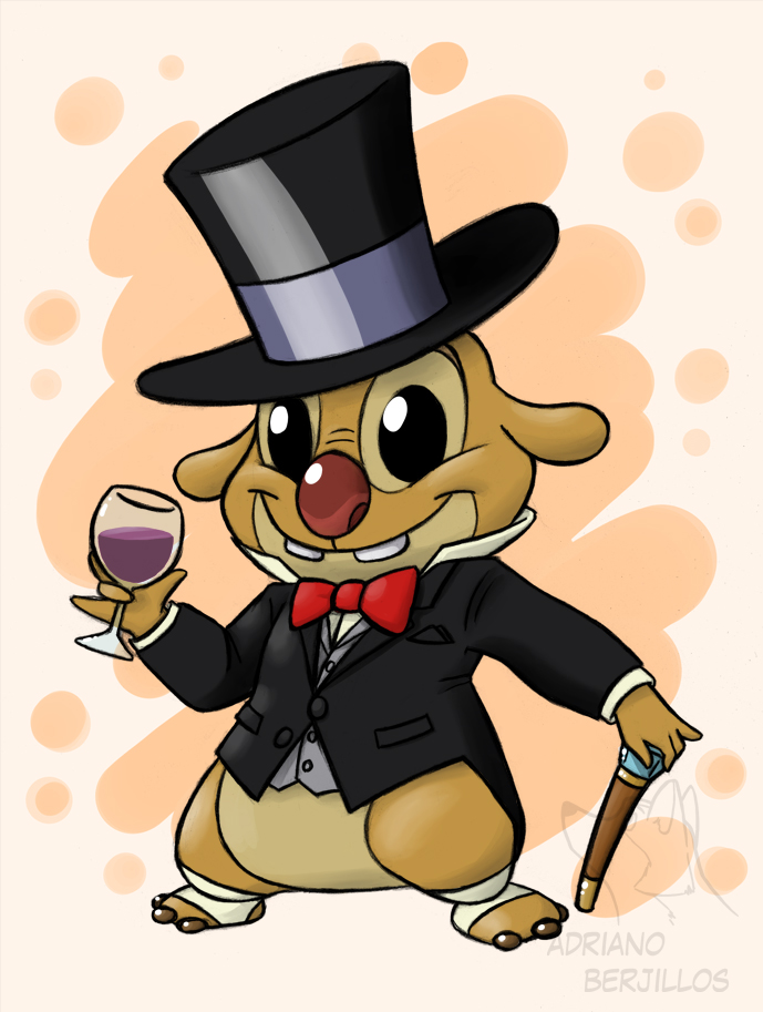 2018 3_toes 4_fingers abstract_background alien beverage black_eyes bottomless bow_tie buckteeth cane classy clothed clothing corgi_(artist) disney experiment_(species) gold_body grape_juice hat holding_glass holding_object lilo_and_stitch pinky_out red_nose reuben smile solo standing suit teeth toes top top_hat watermark wine_glass