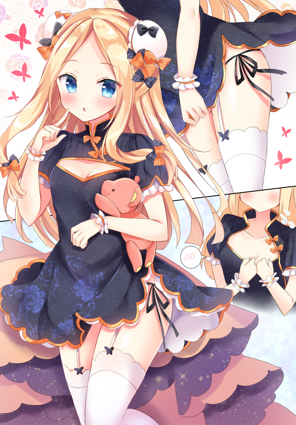 abigail_williams_(fate/grand_order) alternate_costume bangs black_bow black_dress black_panties blonde_hair blue_eyes blush bow breasts bug bun_cover butterfly china_dress chinese_clothes cleavage_cutout collarbone commentary_request double_bun dress fate/grand_order fate_(series) forehead garter_straps hair_bow highres hips holding holding_stuffed_animal index_finger_raised insect long_hair looking_at_viewer masayo_(gin_no_ame) open_mouth orange_bow panties parted_bangs polka_dot polka_dot_bow puffy_sleeves side-tie_panties simple_background small_breasts stuffed_animal stuffed_toy teddy_bear thighhighs thighs underwear white_background white_legwear wrist_cuffs