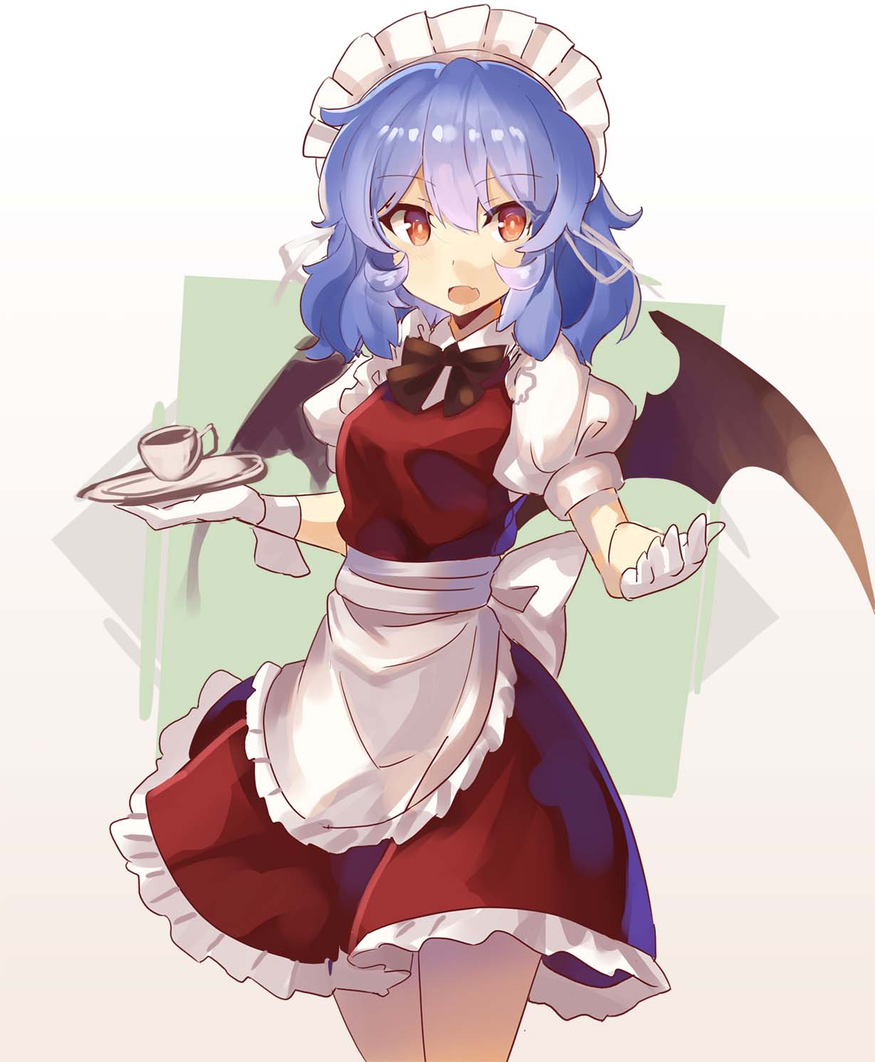 alternate_costume apron bangs bat_wings beige_background black_bow black_neckwear blue_hair bow bowtie breasts commentary_request cowboy_shot cup dish dress enmaided eyebrows_visible_through_hair fang frilled_apron frills gloves gradient gradient_background hair_between_eyes hair_ribbon highres holding looking_at_viewer maid maid_apron maid_headdress medium_breasts open_mouth petticoat puffy_sleeves red_dress red_eyes remilia_scarlet ribbon rin_falcon short_hair solo square standing teacup thighs touhou waist_apron white_apron white_background white_gloves white_ribbon wings wrist_cuffs