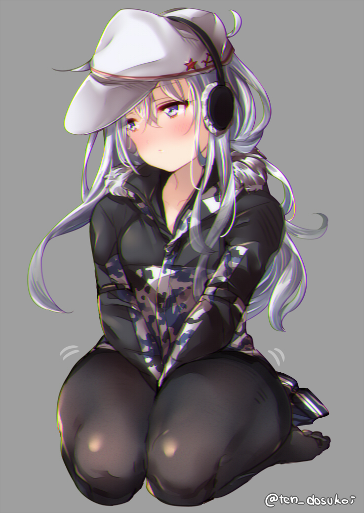 alternate_costume black_legwear blue_eyes blush breasts camouflage_jacket chromatic_aberration chromatic_aberration_abuse closed_mouth commentary_request earmuffs eyebrows_visible_through_hair flat_cap grey_background hair_between_eyes half-closed_eyes hammer_and_sickle hat hibiki_(kantai_collection) hood hood_down hooded_jacket jacket juurouta kantai_collection long_hair long_sleeves looking_away looking_to_the_side no_shoes pantyhose red_star seiza shy silver_hair simple_background sitting small_breasts solo star thick_thighs thighs v_arms verniy_(kantai_collection) white_hat winter_clothes