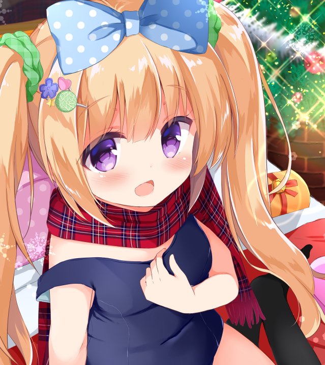 :d bangs bed_sheet black_legwear blue_bow blue_swimsuit blush bow box breasts christmas christmas_tree commentary_request covered_navel eyebrows_visible_through_hair gift gift_box green_scrunchie hair_between_eyes hair_bow hair_ornament hair_scrunchie hand_up heart heart_hair_ornament kujou_danbo light_brown_hair long_hair looking_at_viewer melon_hair_ornament one-piece_swimsuit open_mouth original pillow plaid plaid_scarf plaid_scrunchie polka_dot polka_dot_bow purple_eyes red_scarf scarf scrunchie sidelocks sitting small_breasts smile solo swimsuit twintails unmoving_pattern very_long_hair yokozuwari