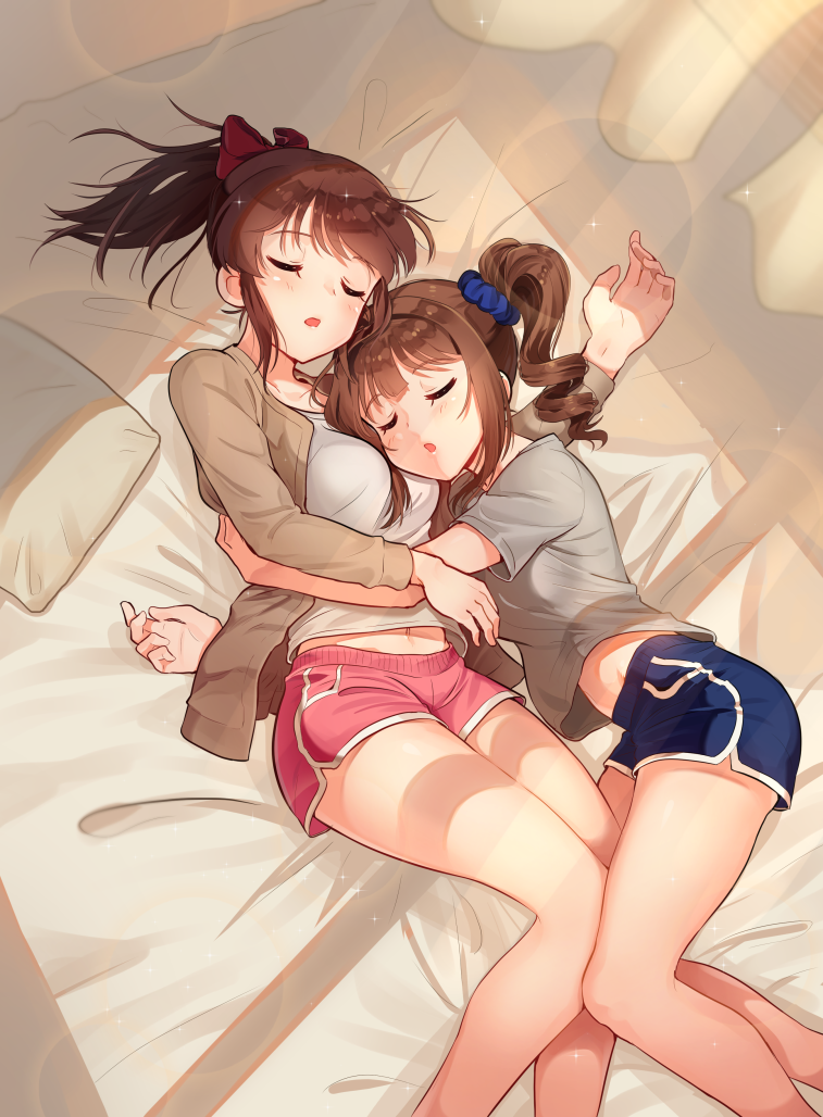 bangs bare_legs bed_sheet belly_peek blue_shorts blunt_bangs blush bow boyshorts breasts brown_jacket closed_eyes commentary day english_commentary eyebrows_visible_through_hair feet_out_of_frame grey_shirt hair_bow hair_ornament hair_scrunchie hug idolmaster idolmaster_million_live! jacket kamille_(vcx68) lens_flare long_hair long_sleeves lying medium_breasts multiple_girls navel on_back on_bed on_side open_clothes open_jacket open_mouth pillow pink_shorts ponytail red_bow satake_minako scrunchie shirt short_sleeves shorts side_ponytail side_slit sidelocks sparkle sunlight swept_bangs white_shirt yokoyama_nao