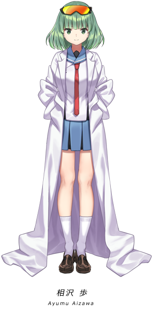 blue_skirt character_name circlet_princess_r full_body goggles goggles_on_head green_eyes green_hair hands_in_pockets labcoat official_art pleated_skirt red_neckwear school_uniform shoes skirt socks standing transparent_background white_legwear