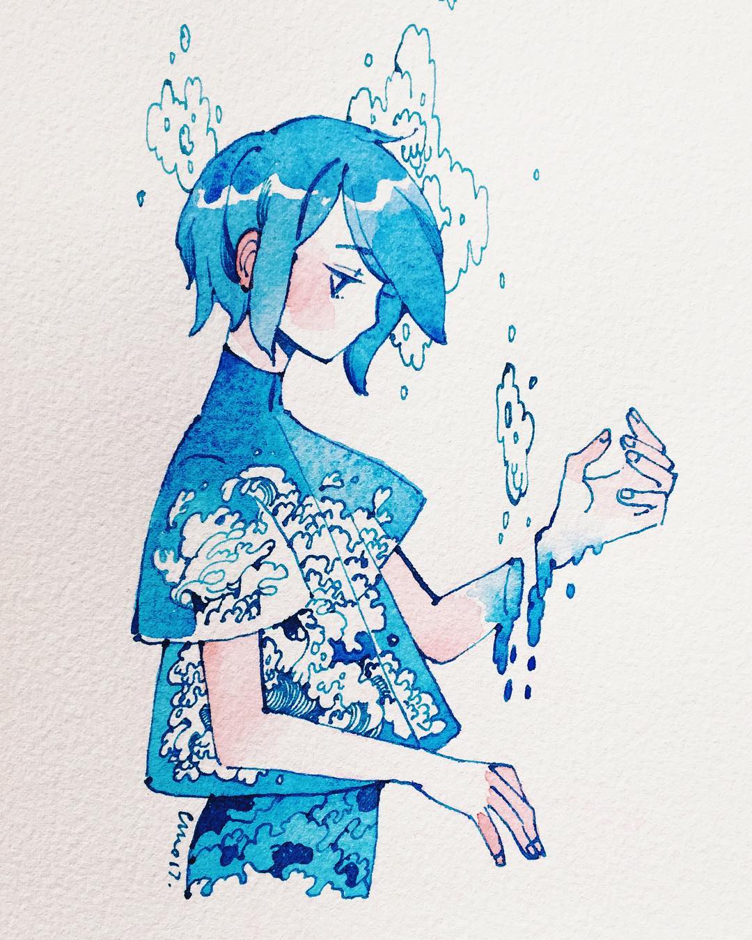 blue_hair droplet highres looking_down maruti_bitamin no_mouth original photo profile severed_hand short_hair short_sleeves solo traditional_media upper_body water wave_print waves white_background