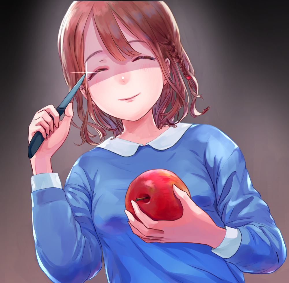 apple black_background blue_shirt braid brown_hair closed_eyes commentary_request facing_viewer food fruit glint holding holding_food holding_fruit holding_knife knife original rony shirt smile solo upper_body