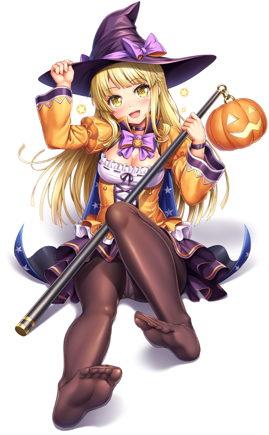 :d bang_dream! bangs blonde_hair blunt_bangs bow breasts brown_legwear cameltoe cape choker cleavage eyebrows_visible_through_hair feet full_body halloween hand_on_headwear hat head_tilt jack-o'-lantern juliet_sleeves lambda_(kusowarota) long_hair long_sleeves looking_at_viewer medium_breasts no_shoes open_mouth panties panties_under_pantyhose pantyhose print_cape puffy_sleeves purple_bow ribbon_trim simple_background sitting skirt smile solo staff star star_print toes tsurumaki_kokoro underwear white_background white_panties wide_sleeves witch_hat yellow_eyes