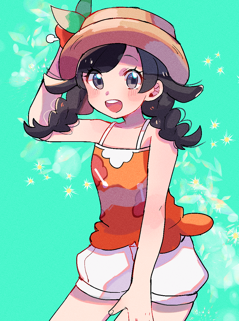 :d arm_up bangs bare_legs bare_shoulders black_hair blush braid brown_hat cowboy_shot eyebrows_behind_hair floral_print flower grey_eyes hat hat_flower hibiscus hibiscus_print leaf long_hair looking_at_viewer mizuki_(pokemon) open_mouth orange_shirt pokemon pokemon_(game) pokemon_usum puffy_shorts red_flower ririmon round_teeth shirt shorts smile solo swept_bangs tank_top teeth twin_braids white_shorts