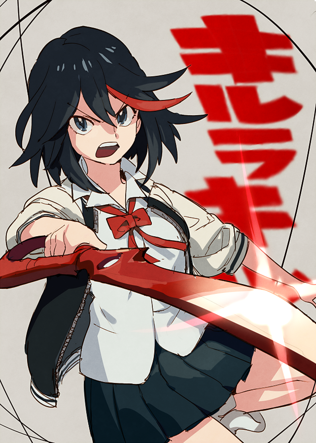 aoki_(fumomo) bangs black_hair blue_eyes blue_skirt bow bowtie collared_shirt copyright_name glint hair_between_eyes holding holding_weapon jacket kill_la_kill leg_up looking_at_viewer matoi_ryuuko miniskirt multicolored_hair open_clothes open_jacket open_mouth pleated_skirt red_bow red_hair red_neckwear scissor_blade shirt skirt sleeves_past_elbows solo sparkle streaked_hair teeth two-tone_hair weapon white_shirt