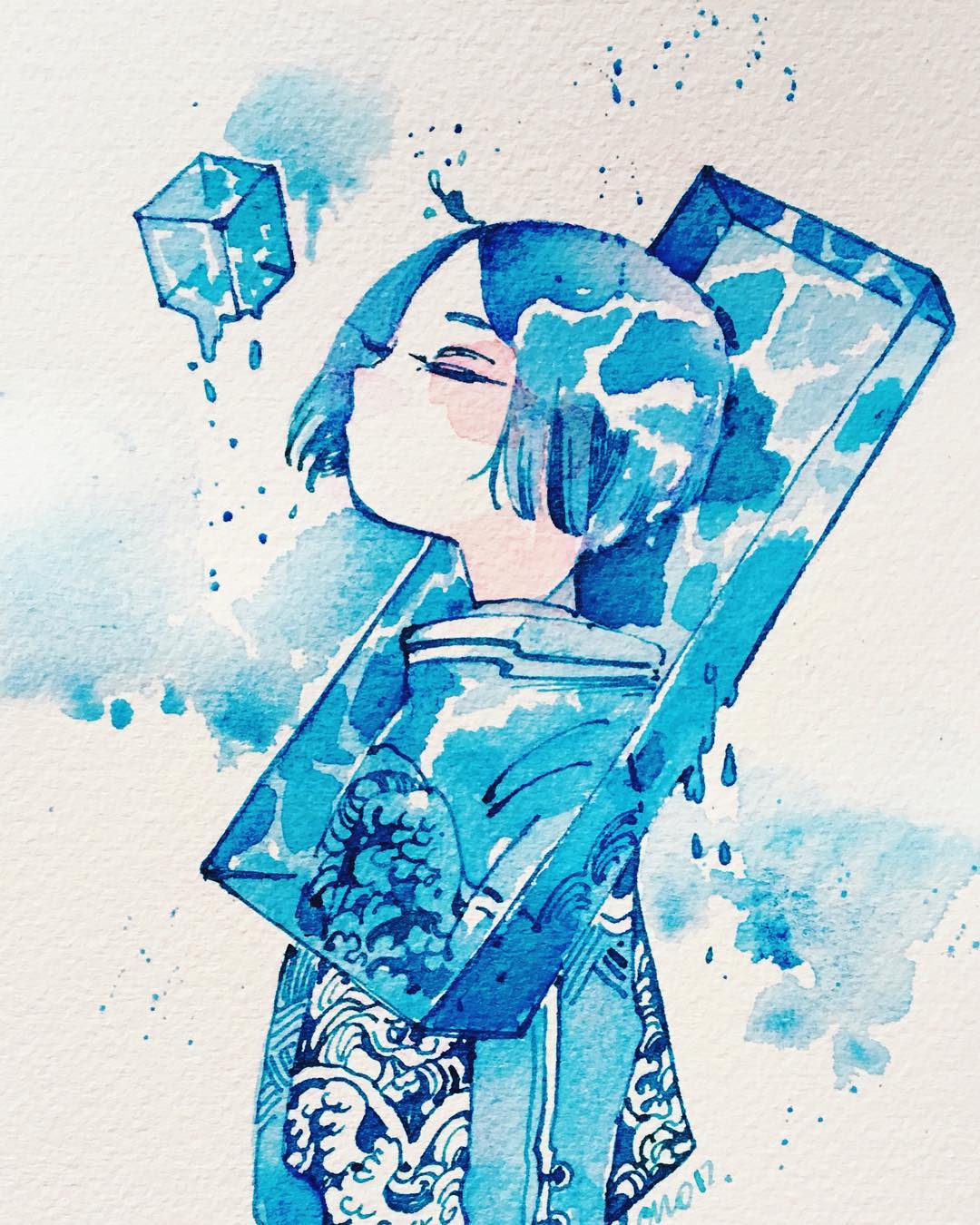 blue_hair closed_eyes cube droplet floating floating_object highres maruti_bitamin no_mouth original photo short_hair solo traditional_media upper_body water wave_print