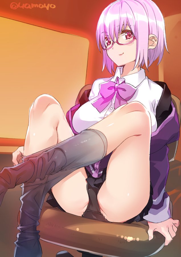 black_panties bow breasts collared_shirt commentary_request glasses jacket large_breasts lavender_hair looking_at_viewer off_shoulder panties pantyhose pantyhose_pull purple_jacket red_eyes school_uniform shinjou_akane shirt short_hair sitting skirt ssss.gridman super_zombie underwear white_shirt
