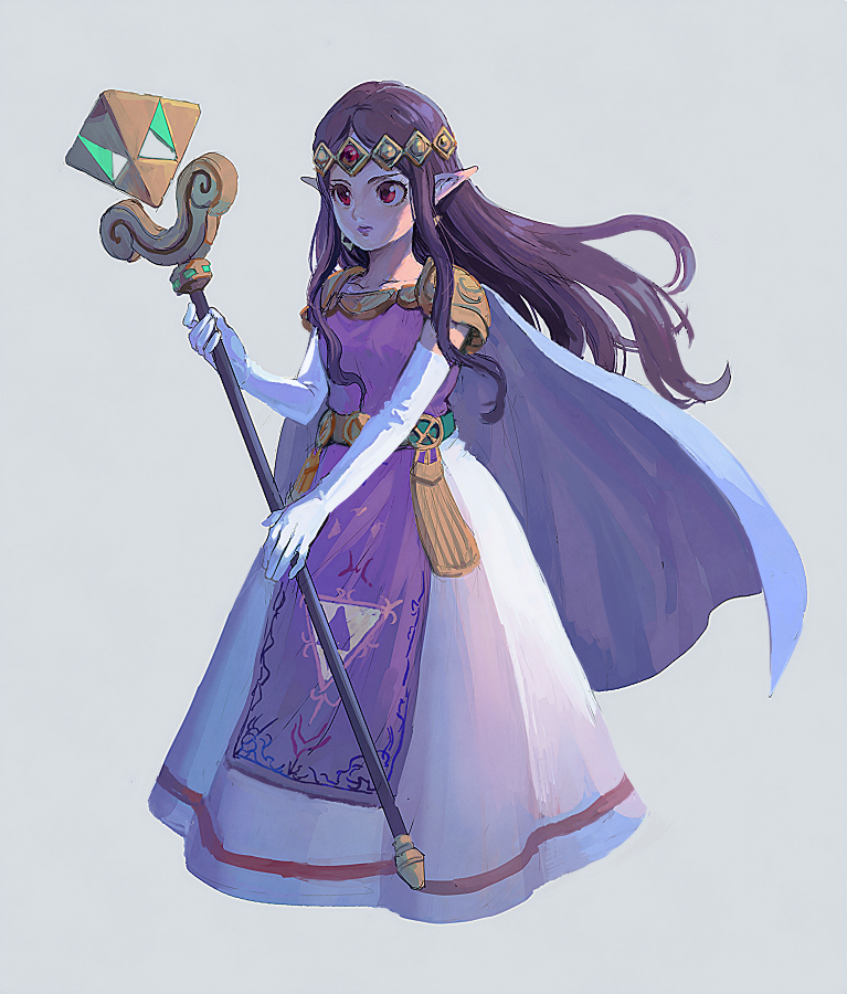aoki_(fumomo) circlet closed_mouth collarbone dress elbow_gloves full_body gloves holding holding_staff lipstick long_hair makeup pointy_ears princess_hilda purple_hair purple_lipstick red_eyes shoulder_pads sidelocks solo staff standing tabard the_legend_of_zelda the_legend_of_zelda:_a_link_between_worlds white_gloves