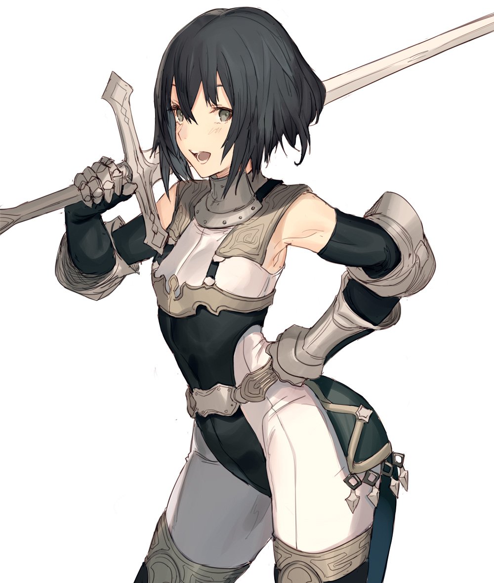 armor belt belt_buckle black_hair blush buckle commentary_request eyebrows_behind_hair grey_eyes hand_on_hip holding holding_weapon keemu_(occhoko-cho) open_mouth original short_hair sketch sword vambraces weapon white_background