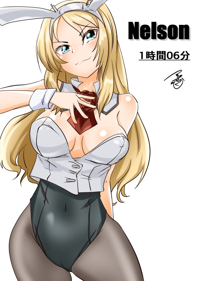 adapted_uniform animal_ears bangs blonde_hair blue_eyes breasts bunny_ears bunnysuit cleavage commentary_request covered_navel covered_nipples cowboy_shot detached_collar eyebrows_visible_through_hair flower hair_between_eyes headgear hips kantai_collection large_breasts long_hair looking_at_viewer nelson_(kantai_collection) pantyhose red_flower red_neckwear red_rose rose signature smile thighs timestamp title tsukino_murakumo white_background wrist_cuffs