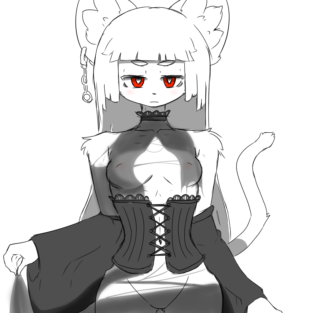 1girl amboynav2 bare_shoulders brown_eyes corset female furry looking_at_viewer no_bra red_eyes simple_background solo tagme tail upper_body white_background