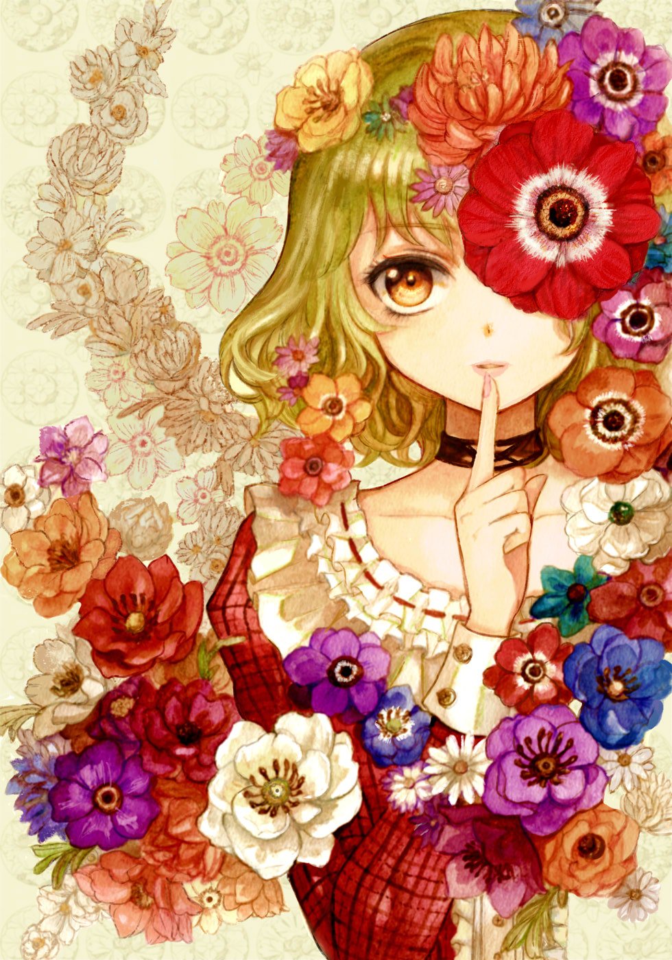 adapted_costume anemone_(flower) beige_background blue_flower choker collarbone commentary_request dress eyebrows_visible_through_hair finger_to_mouth floral_background flower frills green_hair highres juliet_sleeves kazami_yuuka keiko_(mitakarawa) long_sleeves looking_at_viewer nail_polish one_eye_covered orange_flower parted_lips pink_lips pink_nails plaid plaid_dress puffy_sleeves purple_flower red_dress red_eyes red_flower short_hair solo touhou upper_body wavy_hair white_flower