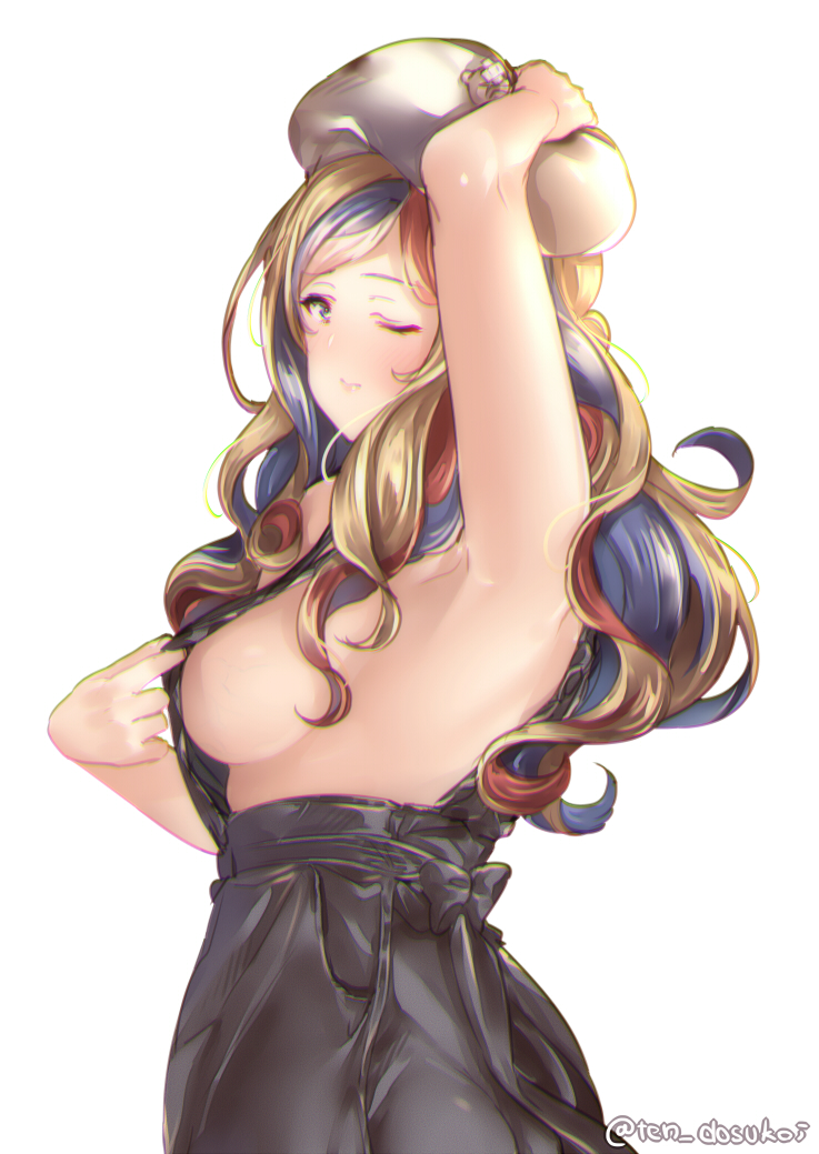 arm_up armpits bangs beret blonde_hair blue_eyes blue_hair blush breasts chromatic_aberration commandant_teste_(kantai_collection) commentary_request curly_hair flashing from_side half-closed_eye hand_on_headwear hat juurouta kantai_collection lips long_hair looking_at_viewer looking_to_the_side multicolored_hair no_bra one_eye_closed red_hair sideboob simple_background solo streaked_hair swept_bangs tilted_headwear upper_body white_background white_hat