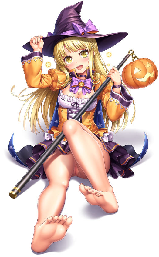 :d bang_dream! bangs barefoot blonde_hair blunt_bangs bow breasts cape choker cleavage eyebrows_visible_through_hair feet full_body halloween hand_on_headwear hat head_tilt jack-o'-lantern juliet_sleeves lambda_(kusowarota) long_hair long_sleeves looking_at_viewer medium_breasts open_mouth print_cape puffy_sleeves purple_bow pussy ribbon_trim simple_background sitting skirt smile soles solo staff star star_print toes tsurumaki_kokoro white_background wide_sleeves witch_hat yellow_eyes