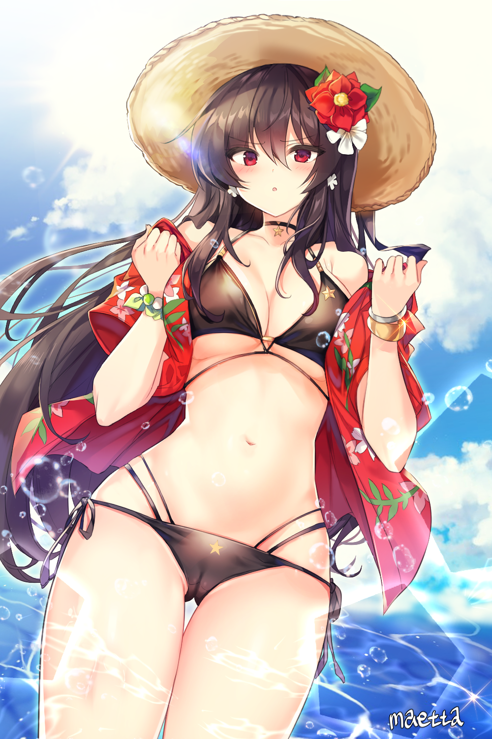 :o artist_name bangle bare_shoulders bikini black_bikini black_choker black_hair black_ribbon blush bracelet breasts choker cleavage cloud cloudy_sky commentary_request day earrings eyebrows_visible_through_hair floral_print flower flower_earrings from_below glint hair_between_eyes hair_flower hair_ornament hat hawaiian_shirt highres iris_yuma jewelry korean_commentary large_breasts long_hair looking_at_viewer looking_down maett multi-strapped_bikini off_shoulder open_clothes open_shirt outdoors parted_lips red_eyes red_flower red_shirt ribbon shirt short_sleeves side-tie_bikini sky solo soul_worker sparkle star string_bikini sun sun_hat swimsuit thigh_gap thighs underboob undressing v-shaped_eyebrows very_long_hair water_drop white_flower wristband
