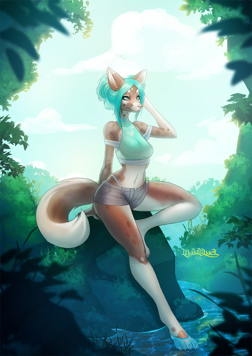 2018 4_toes anthro barefoot breasts brown_fur canine clothed clothing day detailed_background dog female forest fur green_eyes green_hair hair inner_ear_fluff malakhael mammal midriff navel outside partially_submerged sky solo toes tree water