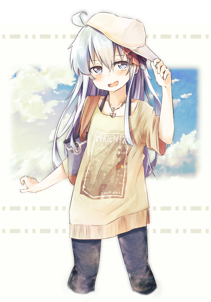 ;d ahoge alternate_costume anchor_necklace arm_up bag bangs beige_shirt black_pants blue_sky cloud commentary_request contemporary cropped_legs denim english eyebrows_visible_through_hair flat_cap grey_eyes hair_between_eyes hair_ribbon hand_on_headwear hat hibiki_(kantai_collection) jeans jewelry kantai_collection long_hair looking_at_viewer one_eye_closed open_mouth outstretched_leg pants pendant print_shirt red_ribbon ribbon shirt short_sleeves shoulder_bag sideways_hat silver_hair sky smile solo taisho_(gumiyuki) white_background white_hat