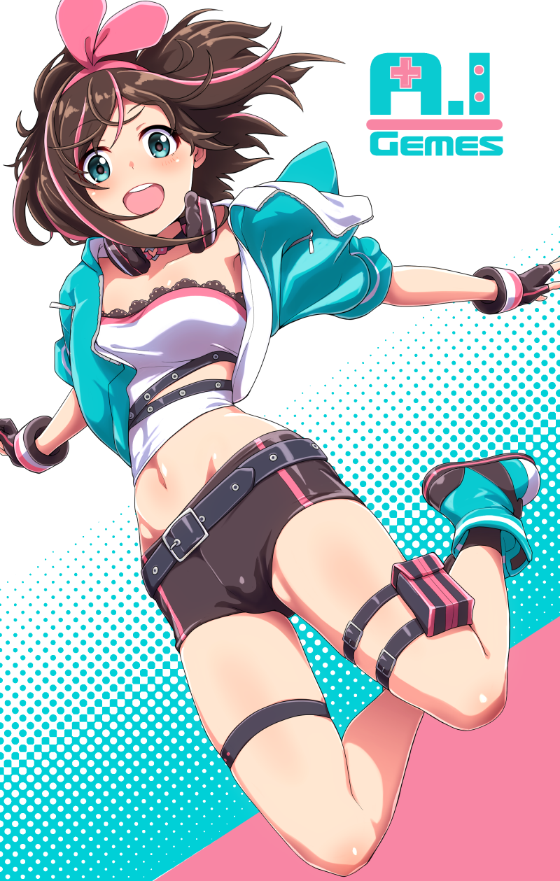a.i._channel aqua_eyes blush breasts brown_hair choker gloves hairband headphones highres jacket jumping kizuna_ai kobamiso_(kobalt) looking_at_viewer midriff navel open_clothes outstretched_arms short_sleeves shorts smile solo spread_arms thigh_pouch thigh_strap virtual_youtuber