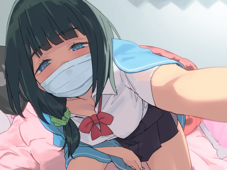 bangs bed black_hair blue_eyes blunt_bangs comforter hair_ornament hair_scrunchie hassu kawaty leaning_forward long_hair looking_at_viewer pleated_skirt reaching_out scrunchie skirt ssss.gridman surgical_mask tareme