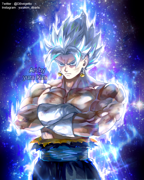 artist_name aura chest cowboy_shot crossed_arms dirty dirty_face dragon_ball dragon_ball_super dragon_ball_z earrings expressionless frown gloves green_eyes instagram_username jewelry kim_yura_(goddess_mechanic) looking_away male_focus muscle potara_earrings shirtless short_hair simple_background sky spiked_hair standing star star_(sky) starry_background starry_sky torn_clothes twitter_username ultra_instinct upper_body vegetto watermark white_background white_gloves white_hair